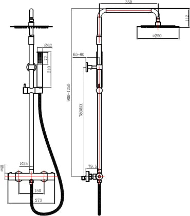 Columna de grifería para ducha termostático Stillo Zeus apariencia acero inoxidable rociador mural 2 vías Ø250mm