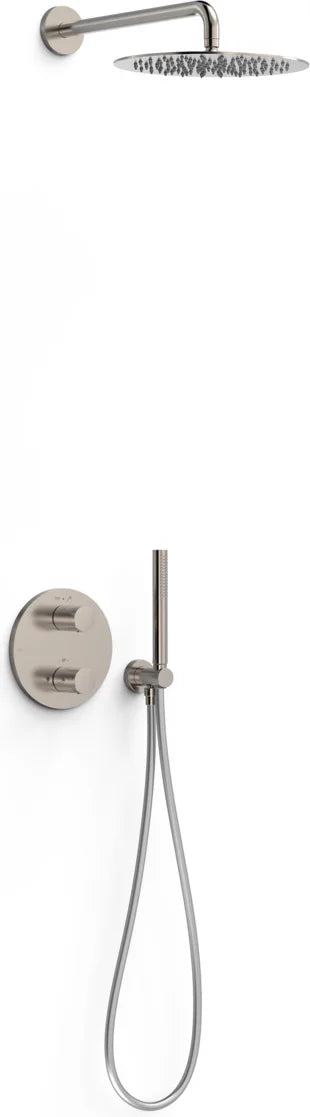 Columna de grifería para ducha empotrada termostático Tres Therm-Box acero rociador mural 2 vías Ø300mm