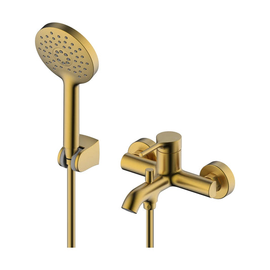 Grifo monomando de bañera y ducha Stillo Hades acabado oro con manguera y teléfono de ducha, diseño moderno de pared.
