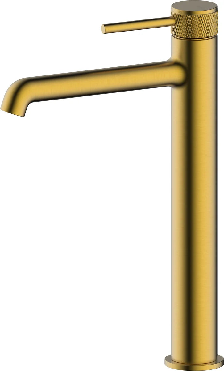 Grifo de lavabo extra alto Stillo Hades Cold Open oro con aireador moleteado
