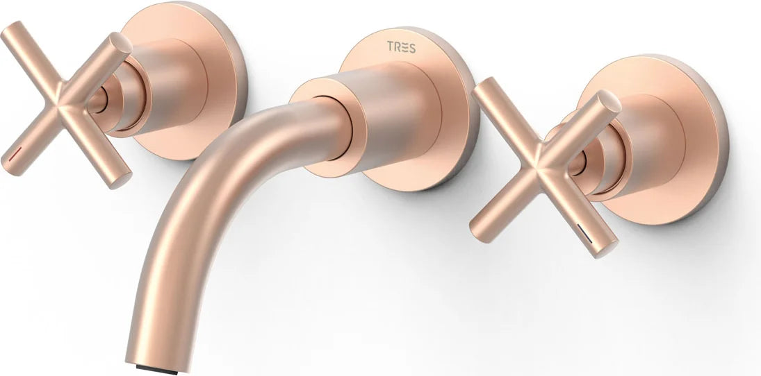 Parte exterior grifería empotrada mezclador lavabo mural Tres Mont Blanc 28330001OPM 3 agujeros vías oro rosa mate caño 148mm