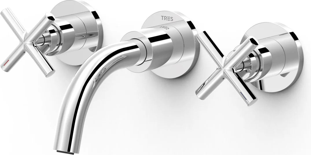 Parte exterior grifería empotrada mezclador lavabo mural Tres Mont Blanc 28330001 3 agujeros vías cromo caño 148mm