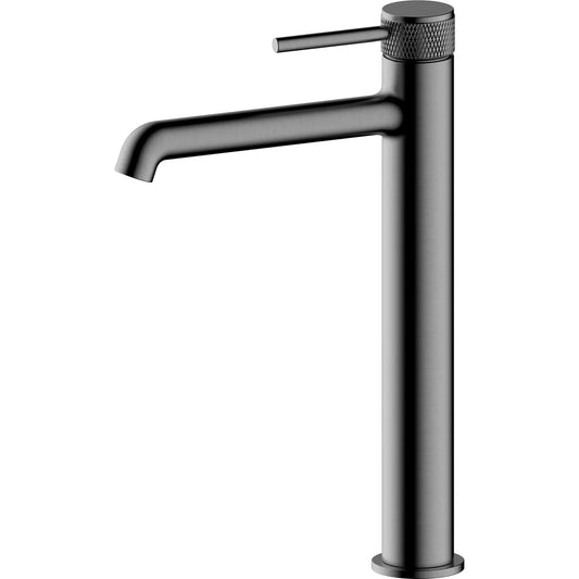Grifo de lavabo extra alto Stillo Hades color Gun Metal con acabado moleteado y ahorro de energía Cold Open para lavabo sobre encimera