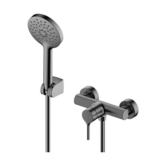Grifería monomando de ducha Stillo Hades acabado Gun Metal con mando circular volante incluye flexo y ducha de mano diseño moderno