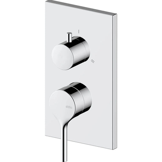 Conjunto mezclador monomando empotrado Stillo Hades acabado cromo con placa cuadrada y selector de 3 vías diseño minimalista contemporáneo